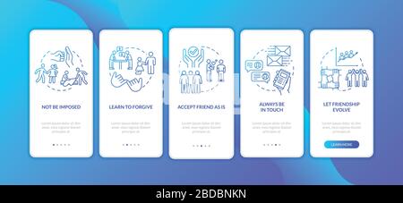 People relationship advices onboarding mobile app page screen with concepts. Accept and understand friends walkthrough 5 steps graphic instructions Stock Vector