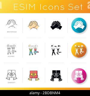 Social connection icons set. Linear, black and RGB color styles. Friendly interpersonal relationship, friendship. Brotherhood, enjoyment and Stock Vector