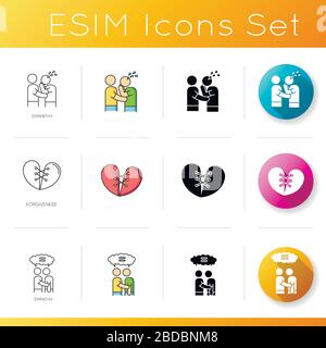 Friendly bonds icons set. Linear, black and RGB color styles. Strong emotional attachment, interpersonal relationship, friendship. Sympathy Stock Vector