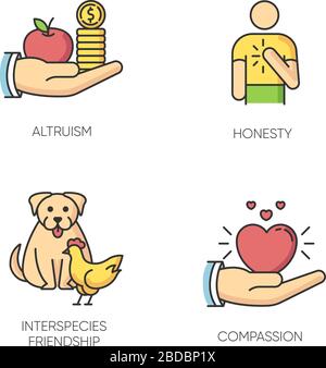 Friendly support RGB color icons set. Interpersonal relationship, unity and togetherness symbols. Altruism, honesty, interspecies friendship and Stock Vector