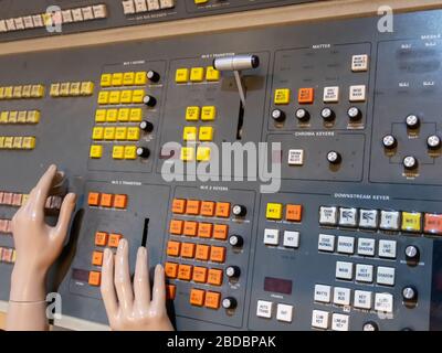 Professional broadcast video switcher. Live television productions, shallow depth of field. Selective focus. Vintage. Stock Photo