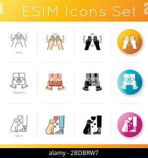 Friends togetherness icons set. Linear, black and RGB color styles. Friendship, strong interpersonal connection. Moral core values. Virtue, generosity Stock Vector