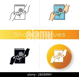 Shared values icon. Linear black and RGB color styles. Common interests, friendly exchange, emotional connection. Literature, scrapbooking hobby Stock Vector
