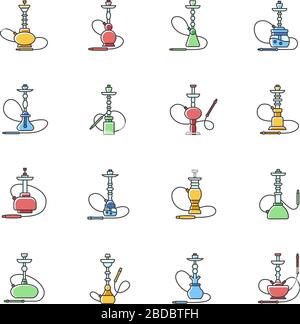 Hookah RGB color icons set. Sheesha bar. Hooka accessories. Smoke area. Vapor, vaping. Tobacco option. Arabic lounge. Accessories for oriental shisha Stock Vector