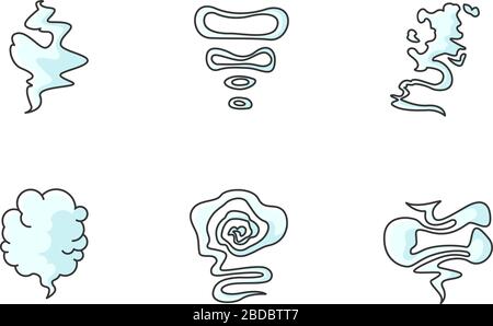 Odor RGB blue color icons set. Smell from hookah. Aroma from cannabis. Cigarette stream. Bad scent. Hot mist. Cloud of haze. Fog from gas. Incense and Stock Vector