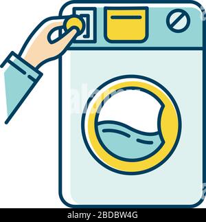 Self-service laundry blue and yellow RGB color icon. Laundromat, washateria, commercial washer, coin wash service, industrial laundry machine Stock Vector