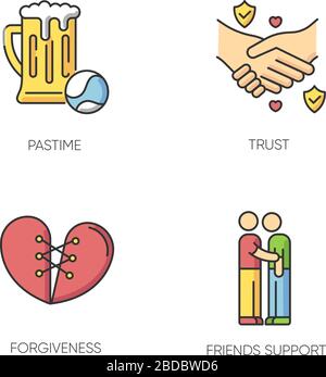 Best friends RGB color icons set. Strong interpersonal bond, emotional affection, friendship symbols. Pastime, trust, forgiveness and friends support Stock Vector