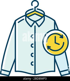 Express laundry blue and yellow RGB color icon. Clothes quick washing, dry cleaning and delivery service. Fast launderette, professional garment Stock Vector