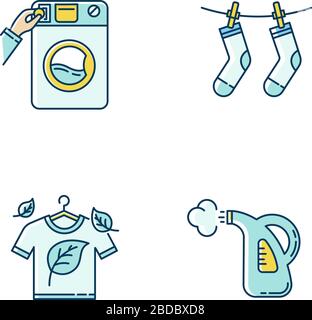 Washing clothes blue and yellow RGB color icons set. Washateria, coin laundry and steam cleaning service. Fabric care, eco dry cleaning and outdoor Stock Vector