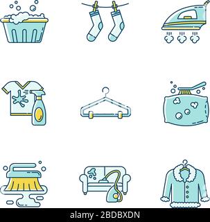 Laundry and cleanup service blue and yellow RGB color icons set. Handwash, stain removal and outdoor drying, fabric ironing. Fur, furniture and pillow Stock Vector