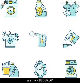 Laundry types blue and yellow RGB color icons set. Coin wash service, washing machine, steam and eco dry cleaning. Laundry detergents and fabric care Stock Vector