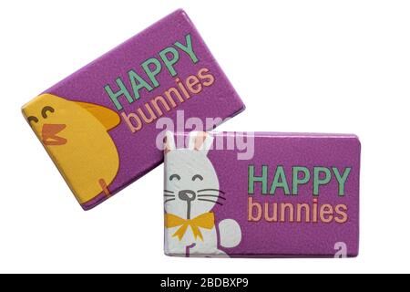 Happy bunnies milk chocolate bars isolated on white background - ideal for Easter - Easter chick and Easter bunny Stock Photo