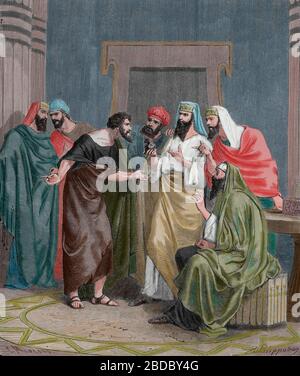 New Testament. Judas Iscariot making a bargain with the priests.  Engraving, 19th century. Stock Photo