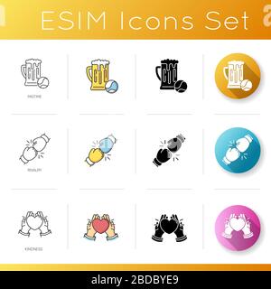 Friends relationship icons set. Linear, black and RGB color styles. Strong interpersonal bond. Friendly communication, fellowship. Pastime, rivalry Stock Vector