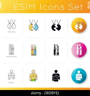 Friendship and support icons set. Linear, black and RGB color styles. Best friend, friends support and honesty. Interpersonal relationship, friendly Stock Vector