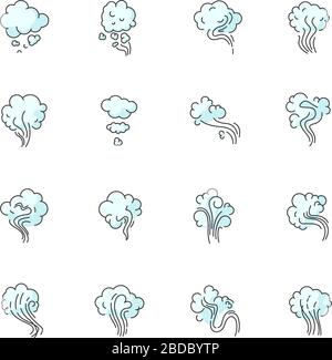 Odor RGB blue color icons set. Emission, evaporation. Smell for hookah. Aroma from cannabis. Cigarette stream. Stink, fog. Cloud of haze. Fog from gas Stock Vector