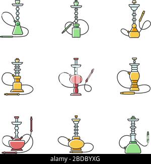 Hookah RGB color icons set. Custom object. Sheesha house. Nargile lounge. Odor from pipe. Scent of vaporizing. Smoking area. Accessories for shisha Stock Vector