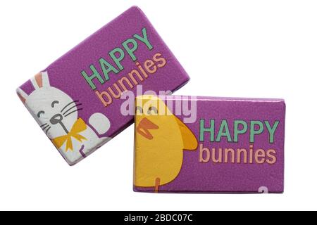 Happy bunnies milk chocolate bars isolated on white background - ideal for Easter - Easter chick and Easter bunny Stock Photo