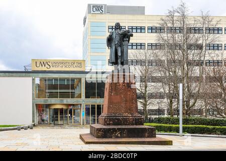 Front entrance to the University of the West of Scotland , Paisley with the statue of  John WItherspoon, a minister in paisley in the 18th century and