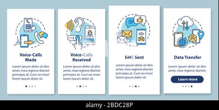 Voice-calls making and receiving onboarding mobile app page screen with concepts. SMS and data transfer walkthrough 4 steps graphic instructions. UI Stock Vector