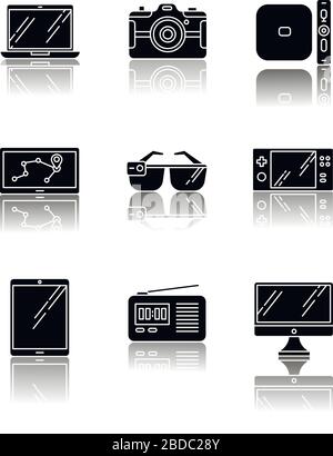 Mobile devices drop shadow black glyph icons set. Pocket electronic gadgets. Smart technology. Tablet, laptop, computer. Navigator, smartglasses Stock Vector