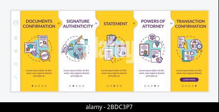 Legal help onboarding vector template. Lawyer consultation. Papers validation. Responsive mobile website with icons. Webpage walkthrough step screens Stock Vector