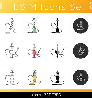 Hookah icons set. Nargila option. Sheesha house. Popular souvenir. Odor from pipe. Scent of vaporizing. Smoking area. Linear, black and RGB color Stock Vector