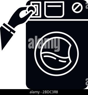 Self-service laundry black glyph icon. Laundromat, washateria, commercial washer, coin wash service, industrial laundry machine. Silhouette symbol on Stock Vector