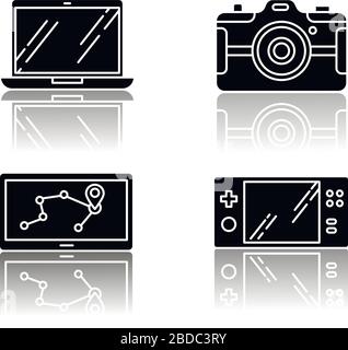 Mobile devices drop shadow black glyph icons set. Pocket electronic gadgets. Smart technology. Navigation assistant, game console. Laptop, photo Stock Vector
