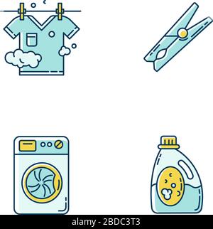 Clothes cleaning items blue and yellow RGB color icons set. Clothing washing and outdoor drying. Washing machine and laundry detergent, clothespin and Stock Vector