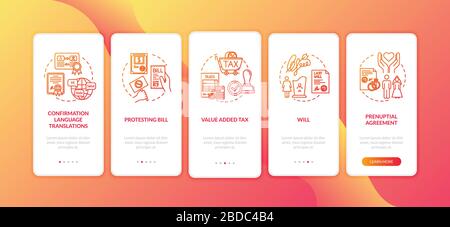 Legalization and translation onboarding mobile app page screen with concepts. Notarial support walkthrough 5 steps graphic instructions. UI vector Stock Vector