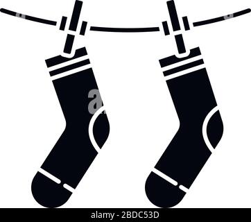 Outside drying black glyph icon. Laundry, clothesline, outdoors clothes drying. Socks hanging on clothesline, washed garment. Silhouette symbol on Stock Vector