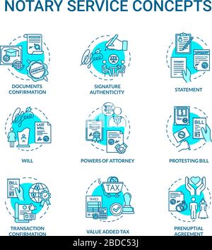 Notary services turquoise concept icons set. Legislation and public regulation. Warrant. Common law idea thin line RGB color illustrations. Vector Stock Vector