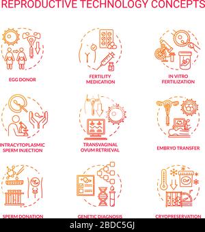 Reproductive technology red concept icons set. In vitro fertilization. Sperm donor, cell donation. Alternative pregnancy idea thin line RGB color Stock Vector