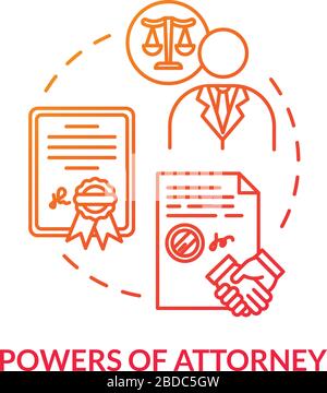 Powers of attorney red concept icon. Grantor and agent. Legal representative. Seal business deal with third party. Notary service idea thin line Stock Vector