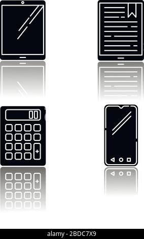 Mobile devices drop shadow black glyph icons set. Pocket electronic gadgets. Smart technology. Tablet, e-reader, e-book. Smartphone, calculator Stock Vector