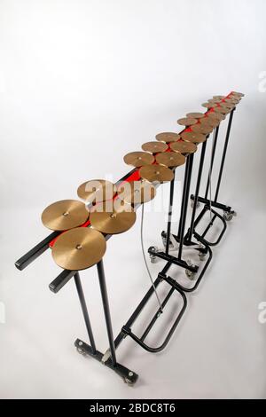 2 octave Chromatic set of Pedal Crotales or Antique Cymbals. Tuned Percussion Instrument. Stock Photo