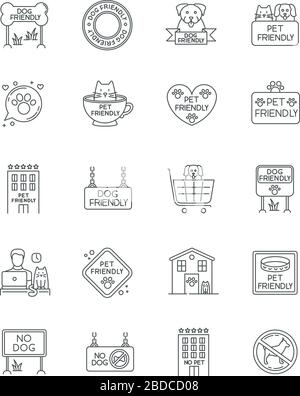 Pet friendly signs pixel perfect linear icons set. Cats and dogs allowed areas, animals welcome places. Customizable thin line contour symbols Stock Vector