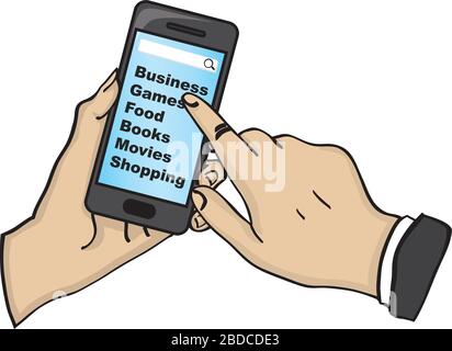 Vector illustration of a hand holding and playing with touch screen mobile phone isolated on white background. Stock Vector