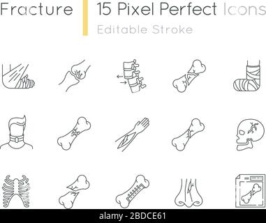 Bone fracture X-ray scan pixel perfect linear icon. Patient medical record. Broken bone treatment. Thin line customizable illustration. Contour symbol Stock Vector