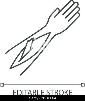 Open bone fracture pixel perfect linear icon. Bone sticking out of human arm. Badly injured hand. Thin line customizable illustration. Contour symbol Stock Vector