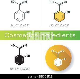 Salicylic acid icon. Chemical sequence. Molecular formula. Skincare component. Scientific research. Healthcare, cosmetology. Linear black and RGB Stock Vector