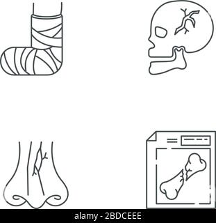 Limb and body injuries pixel perfect linear icons set. Broken foot. Nose break. Hurt skull. X-ray scan. Customizable thin line contour symbols Stock Vector