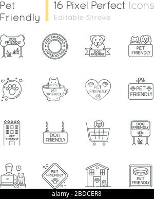 Dog friendly and no pet signs pixel perfect linear icons set. Cats and dogs allowed and banned areas. Customizable thin line contour symbols. Isolated Stock Vector