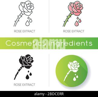 Rose extract icon. Flower petals. Fragrant component. Herbal toner. Floral serum. Aromatherapy with essential oils. Linear black and RGB color styles Stock Vector