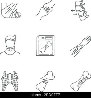 Bone fractures pixel perfect linear icons set. X-ray scan. Spine dislocation. Surgery. Open fracture. Customizable thin line contour symbols. Isolated Stock Vector