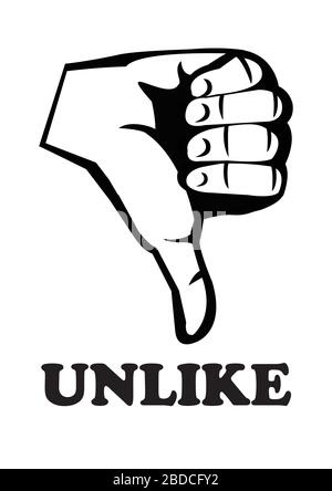 Human hand in rude thumbs down gesture with text unlike in black and white. Vector illustration Stock Vector