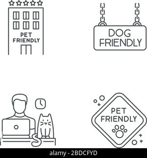 Pet friendly companies pixel perfect linear icons set. Four-legged friends allowed hotels and offices. Customizable thin line contour symbols Stock Vector