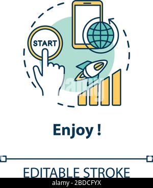 Enjoy concept icon. Press start button. Launch process. Fast speed internet. 4g coverage. Roaming idea thin line illustration. Vector isolated outline Stock Vector