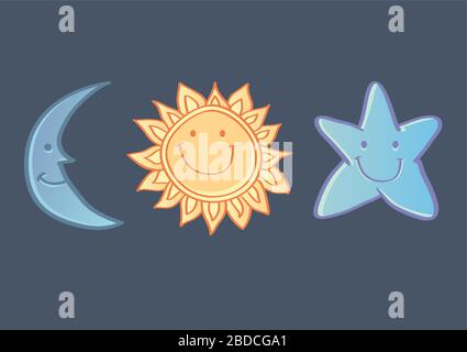 Vector cartoon illustration of happy smiling crescent moon, sun and stars on dark blue background Stock Vector